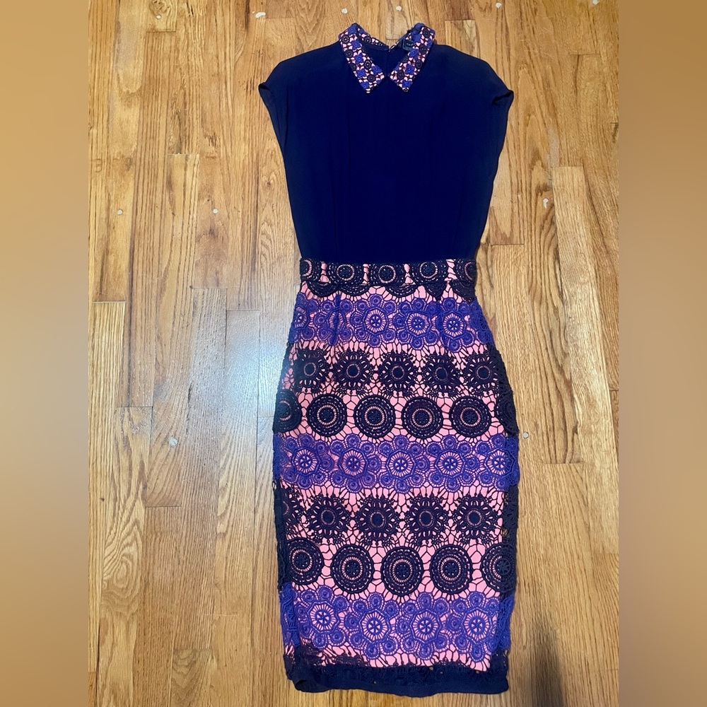 Mixed material French Connection pencil dress.